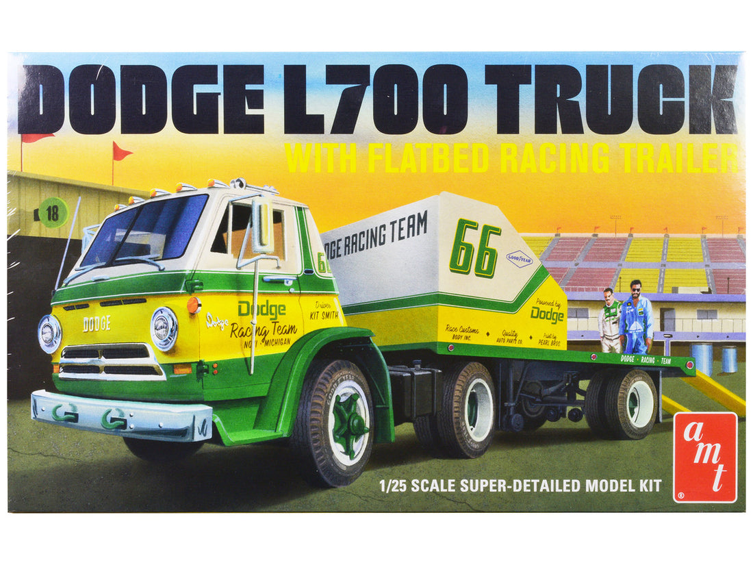Skill 3 Model Kit 1966 Dodge L700 Truck with Flatbed Racing Trailer 1/25 Scale Model by AMT-0