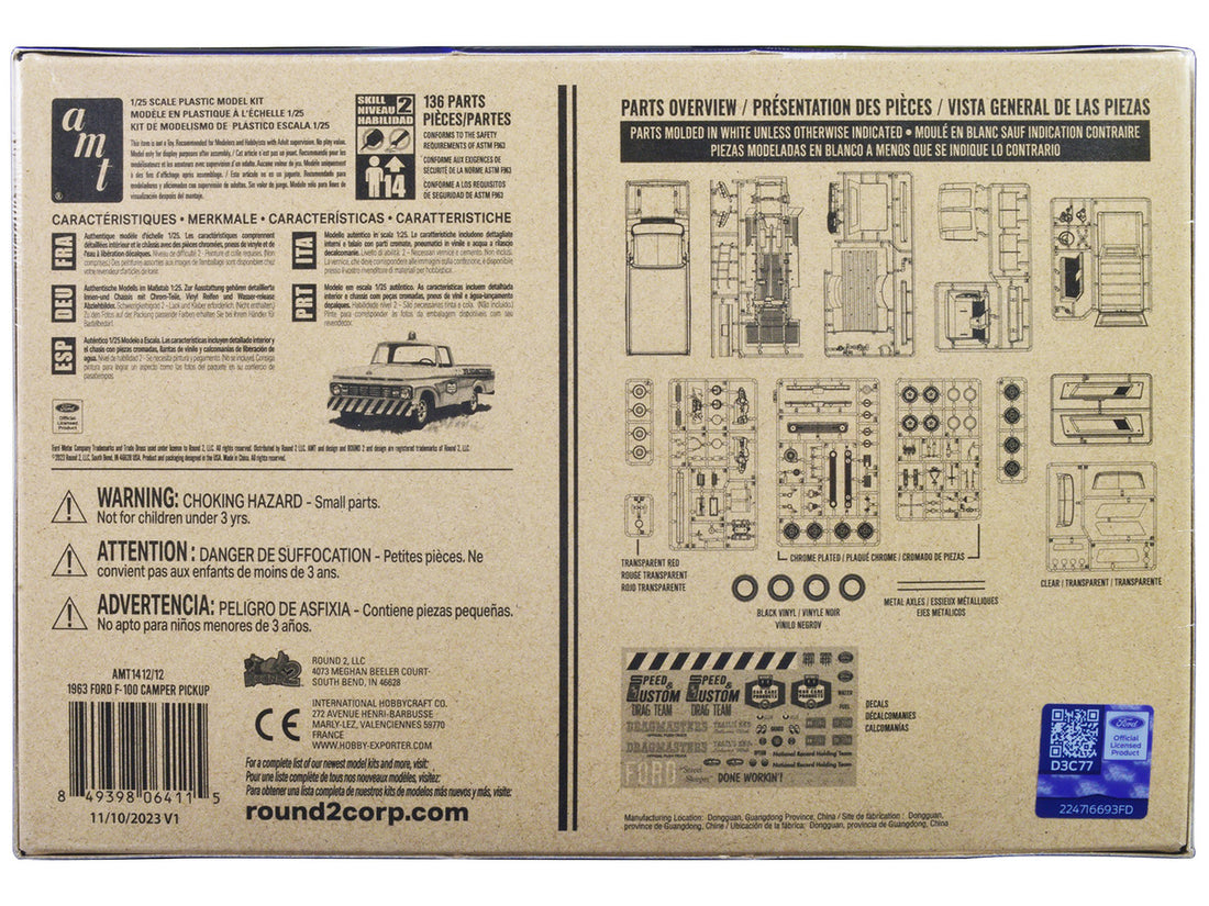 Skill 2 Model Kit 1963 Ford F-100 Camper Pickup Truck 3-in-1 Kit 1/25 Scale Model by AMT-3