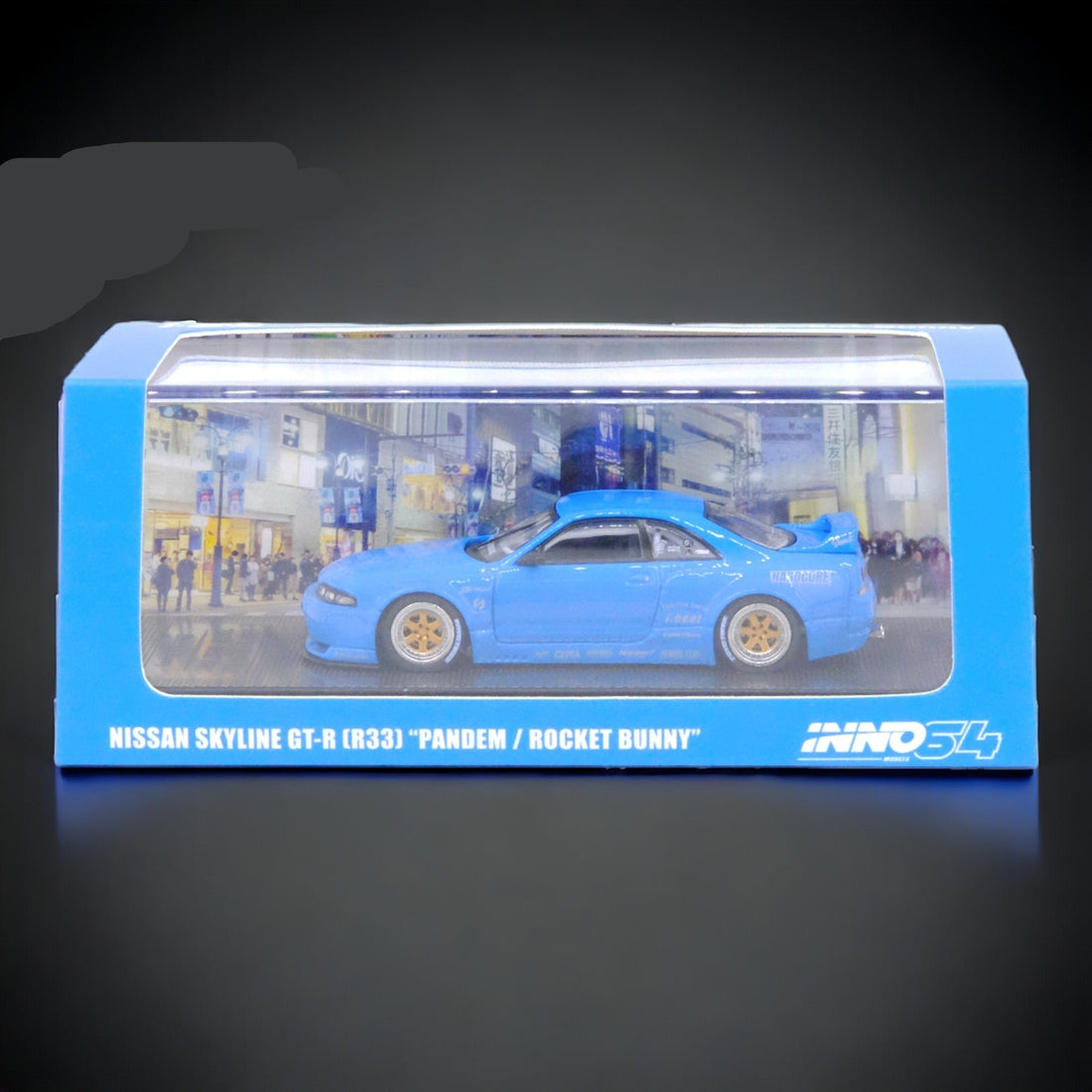 Nissan Skyline GT-R R33 "Pandem / Rocket Bunny" Widebody in Blue 1:64 by Inno64  IN64-R33P-BLU Package View