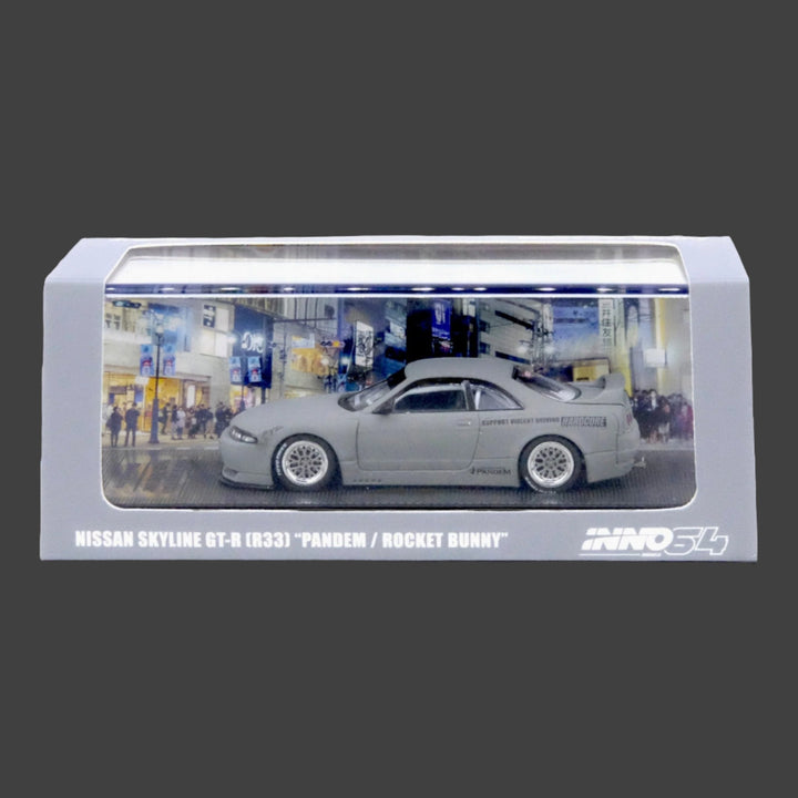 Nissan Skyline GT-R R33 "Pandem / Rocket Bunny" Widebody in Cement Grey Matte 1:64 by Inno64 IN64-R33P-CGM Package View