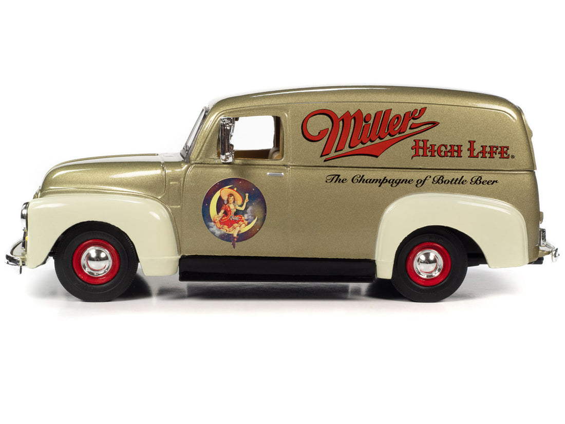 1951 GMC Sedan Delivery Gold Metallic and Beige "Miller High Life" and "Miller Girl in the Moon" Resin Figure 1/25 Diecast Model Car by Auto World-2