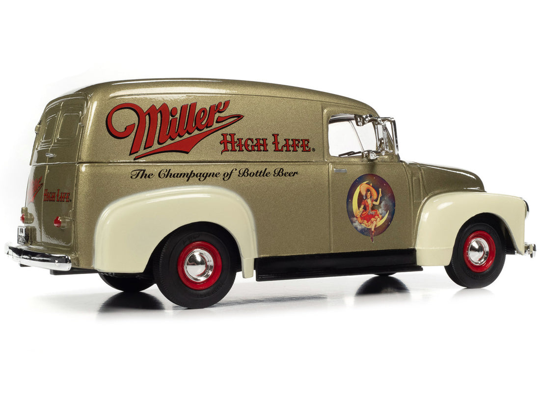 1951 GMC Sedan Delivery Gold Metallic and Beige "Miller High Life" and "Miller Girl in the Moon" Resin Figure 1/25 Diecast Model Car by Auto World-3