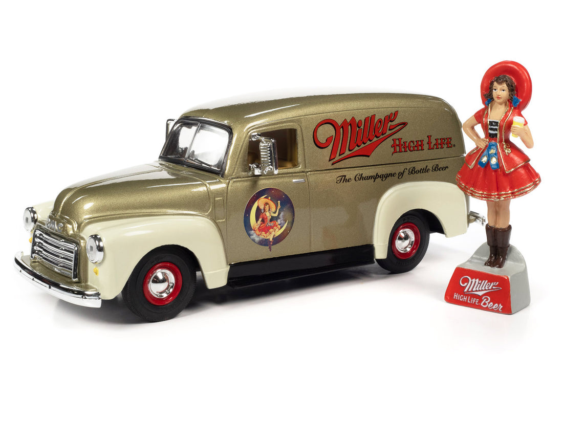 1951 GMC Sedan Delivery Gold Metallic and Beige "Miller High Life" and "Miller Girl in the Moon" Resin Figure 1/25 Diecast Model Car by Auto World-1