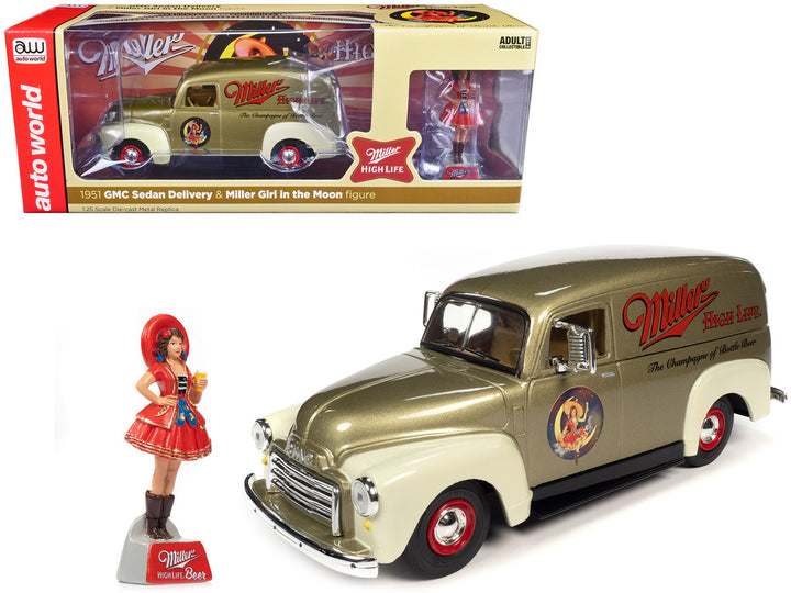 1951 GMC Sedan Delivery Gold Metallic and Beige "Miller High Life" and "Miller Girl in the Moon" Resin Figure 1/25 Diecast Model Car by Auto World-0