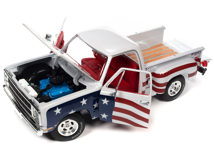 1980 Dodge D150 Adventurer Pickup Truck White with American Flag Graphics and Red Interior 1/18 Diecast Model Car by Auto World-1