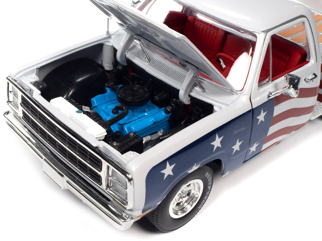 1980 Dodge D150 Adventurer Pickup Truck White with American Flag Graphics and Red Interior 1/18 Diecast Model Car by Auto World-2