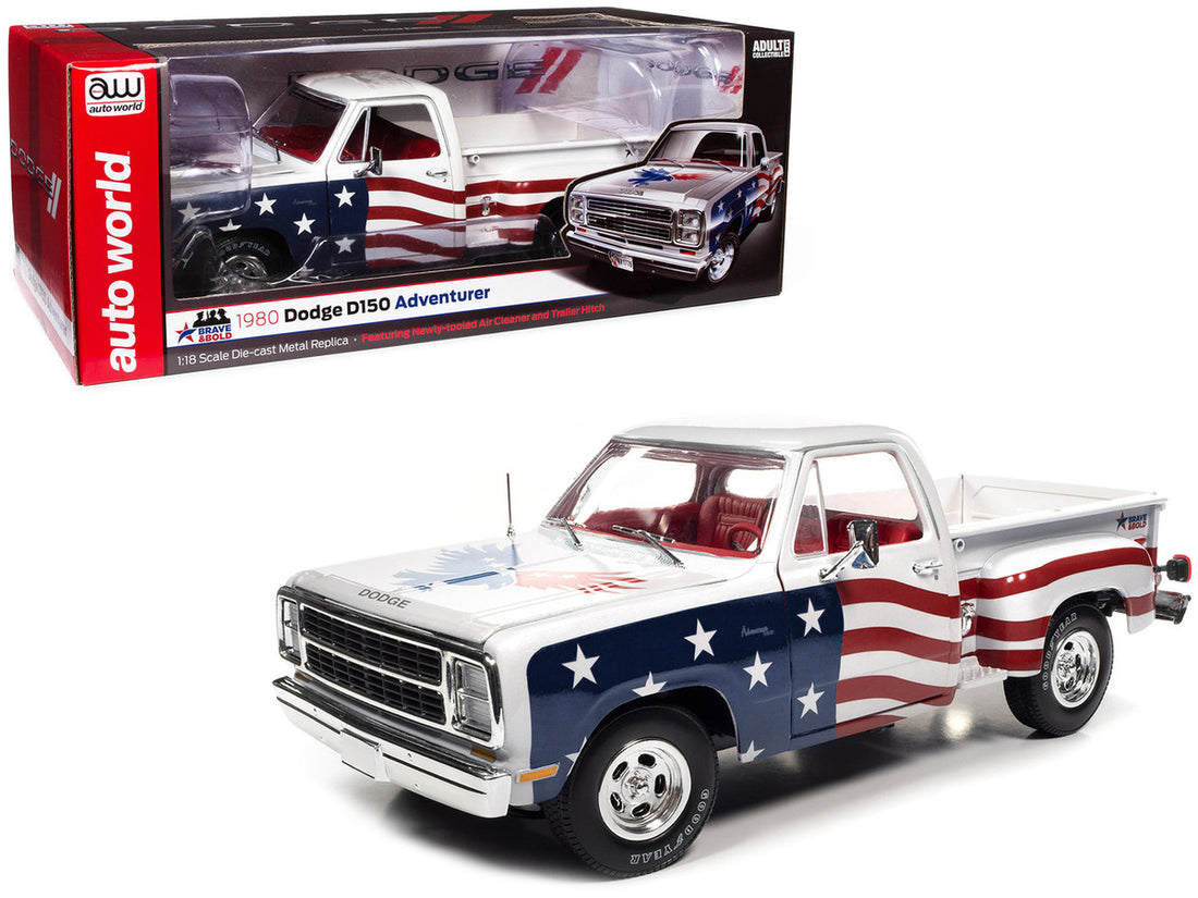 1980 Dodge D150 Adventurer Pickup Truck White with American Flag Graphics and Red Interior 1/18 Diecast Model Car by Auto World-0