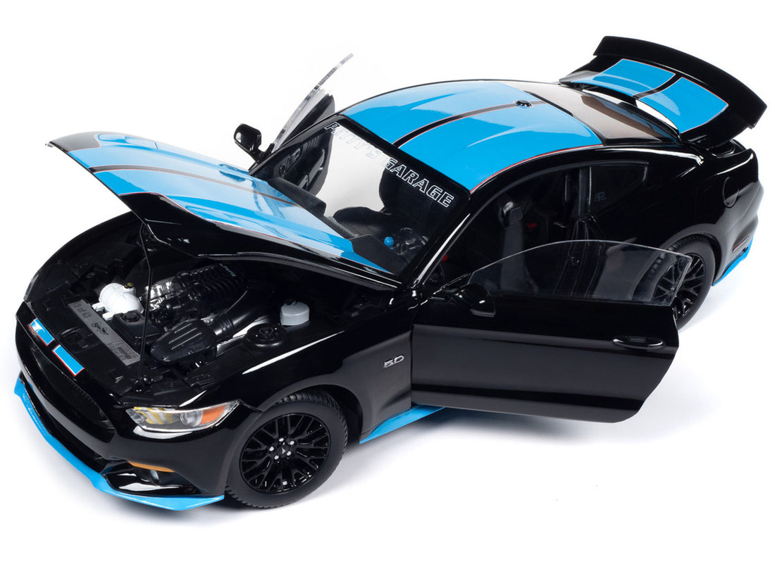 2015 Ford Mustang GT 5.0 Black with Petty Blue Stripes "Petty's Garage" 1/18 Diecast Model Car by Auto World-1