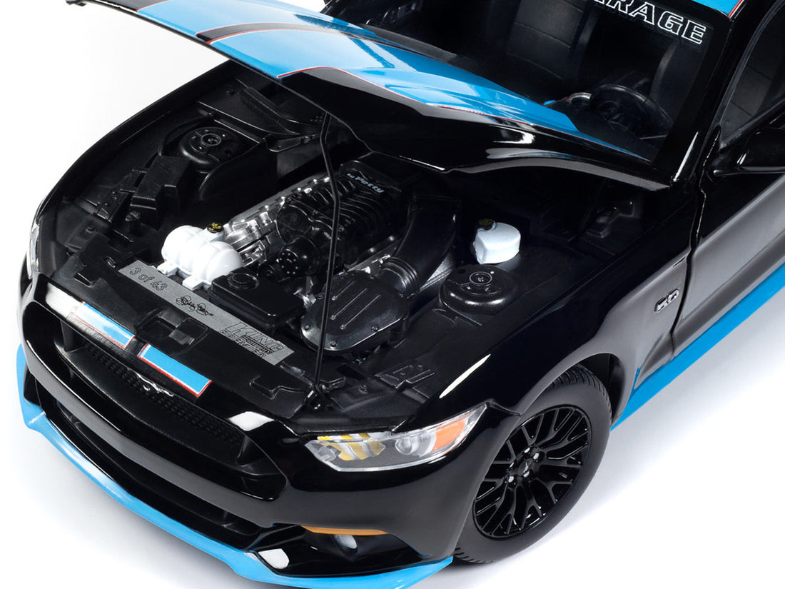 2015 Ford Mustang GT 5.0 Black with Petty Blue Stripes "Petty's Garage" 1/18 Diecast Model Car by Auto World-4