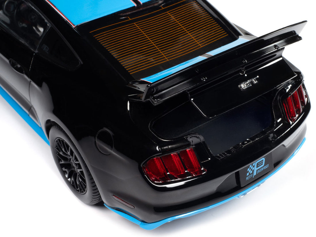 2015 Ford Mustang GT 5.0 Black with Petty Blue Stripes "Petty's Garage" 1/18 Diecast Model Car by Auto World-3