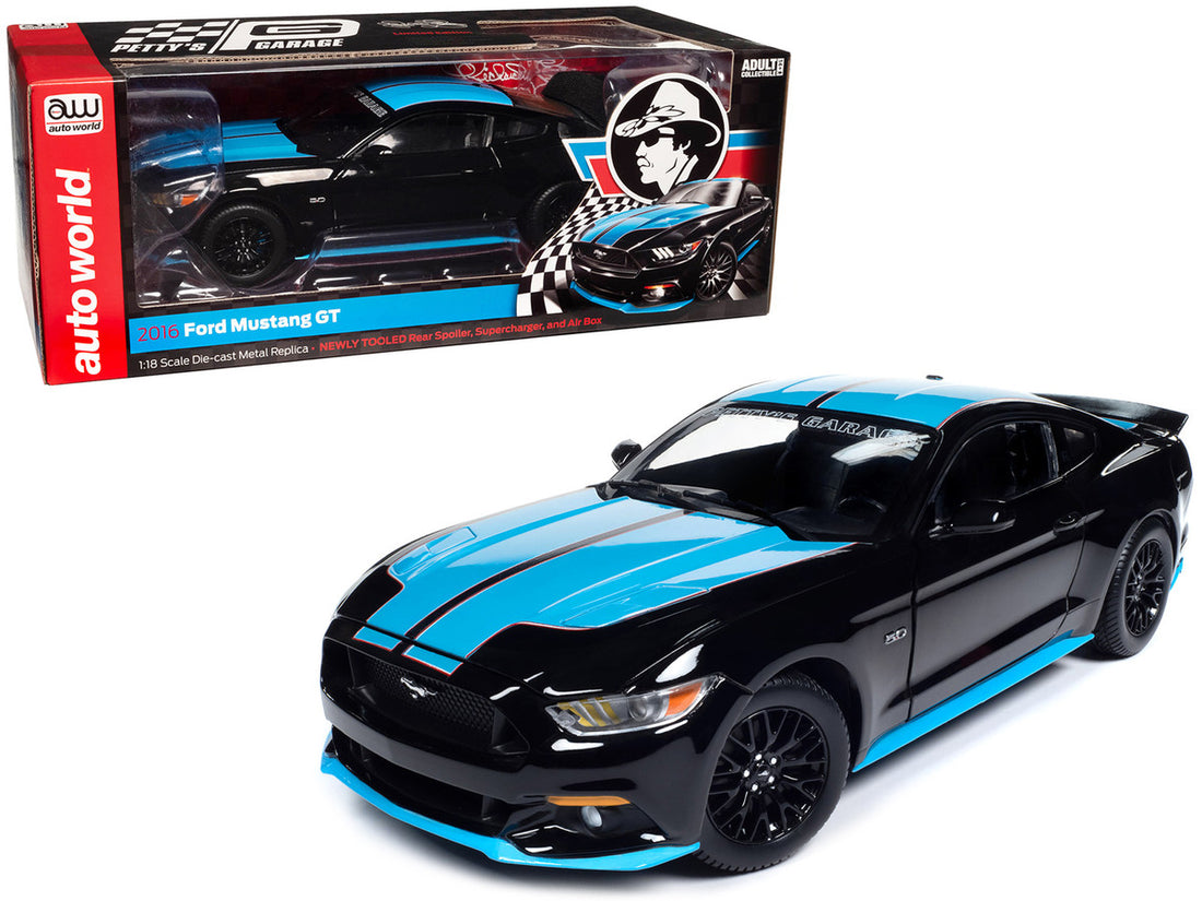 2015 Ford Mustang GT 5.0 Black with Petty Blue Stripes "Petty's Garage" 1/18 Diecast Model Car by Auto World-0