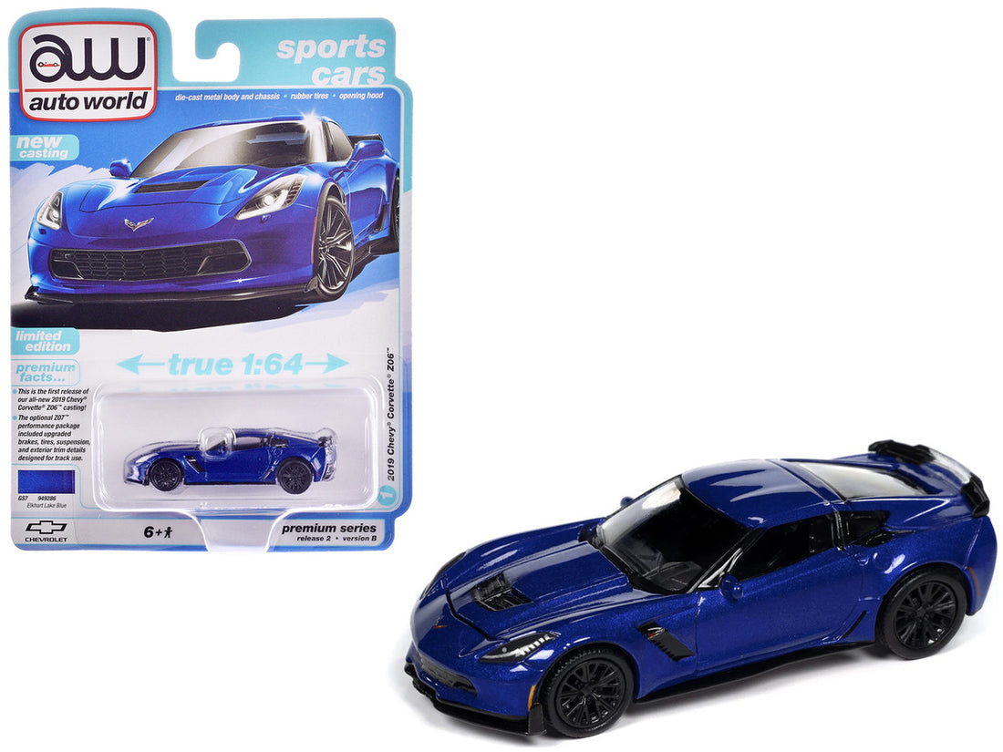 2019 Chevrolet Corvette Z06 Elkhart Lake Blue Metallic "Sports Cars" Series 1/64 Diecast Model Car by Auto World-2