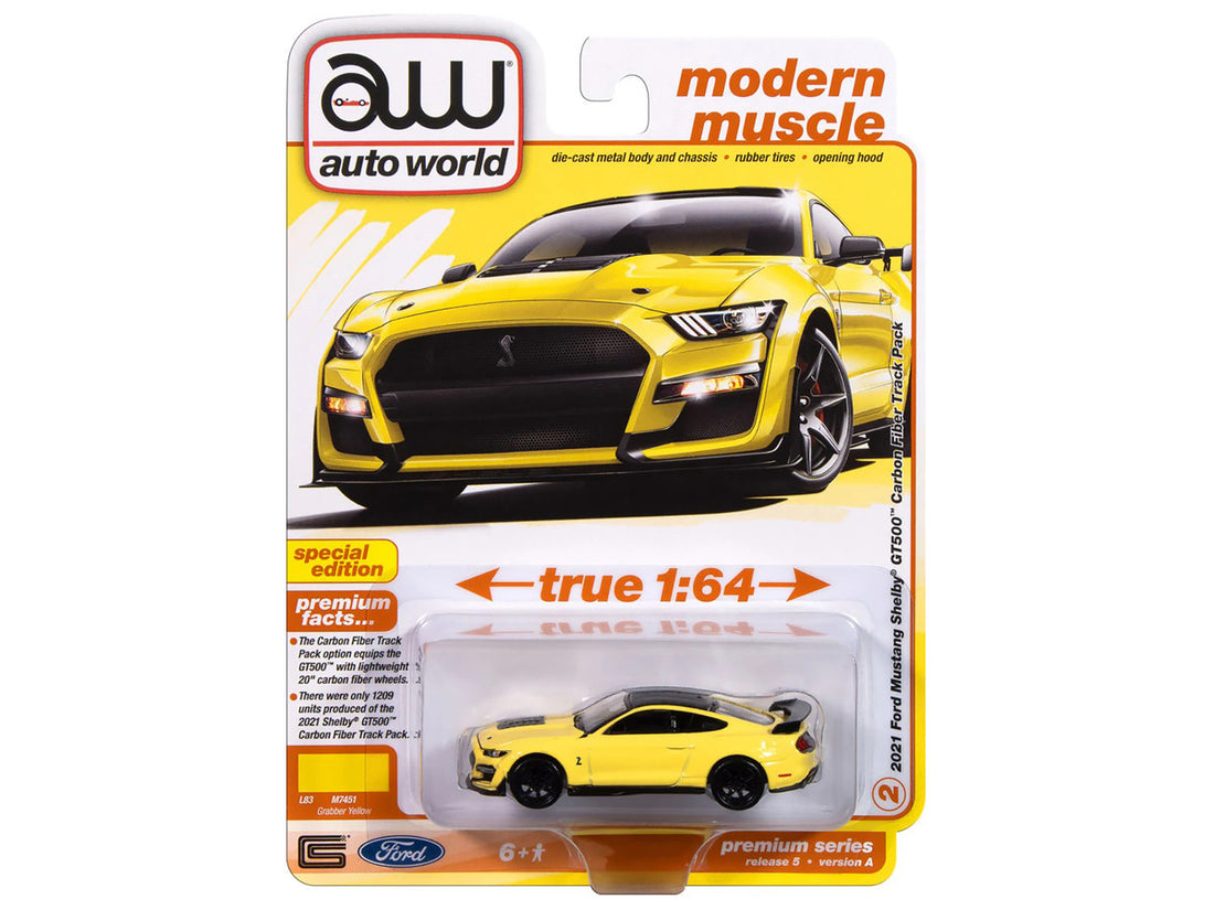 2021 Ford Mustang Shelby GT500 Carbon Fiber Track Pack Grabber Yellow with Black Top "Modern Muscle" Series 1/64 Diecast Model Car by Auto World-2
