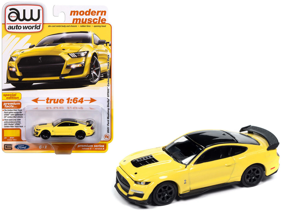 2021 Ford Mustang Shelby GT500 Carbon Fiber Track Pack Grabber Yellow with Black Top "Modern Muscle" Series 1/64 Diecast Model Car by Auto World-0