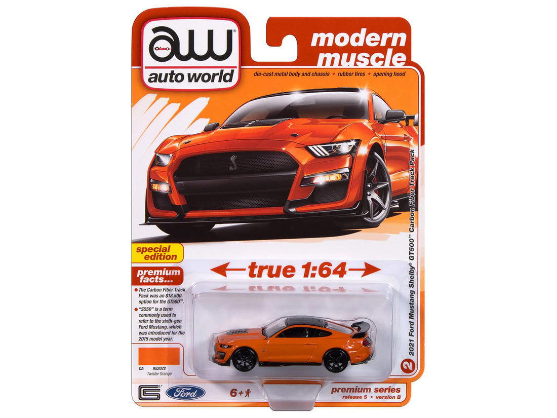 2021 Ford Mustang Shelby GT500 Carbon Fiber Track Pack Twister Orange with Black Top "Modern Muscle" Series 1/64 Diecast Model Car by Auto World-1