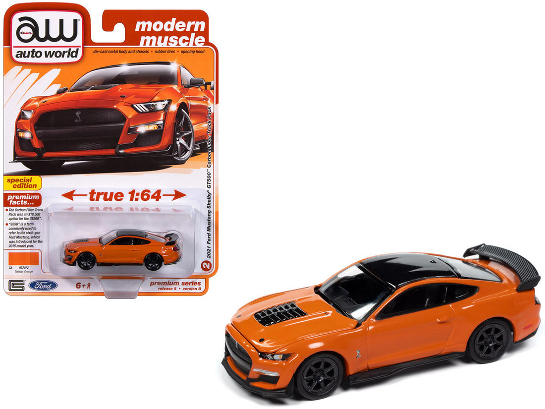 2021 Ford Mustang Shelby GT500 Carbon Fiber Track Pack Twister Orange with Black Top "Modern Muscle" Series 1/64 Diecast Model Car by Auto World-2