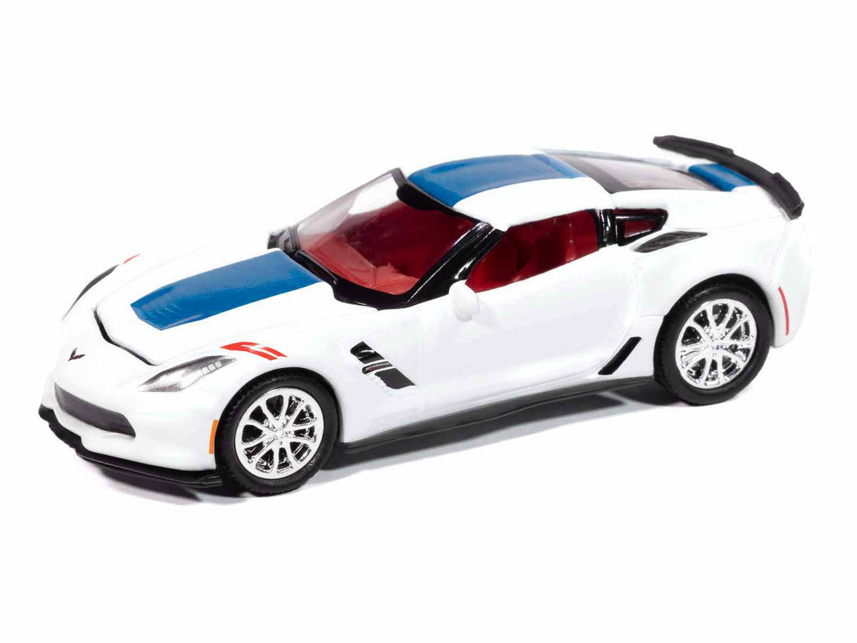 Chevrolet 2018 Corvette Grand Sport Arctic White with Blue Stripe and Red Interior "Sports Cars" Series 1/64 Diecast Model Car by Auto World
