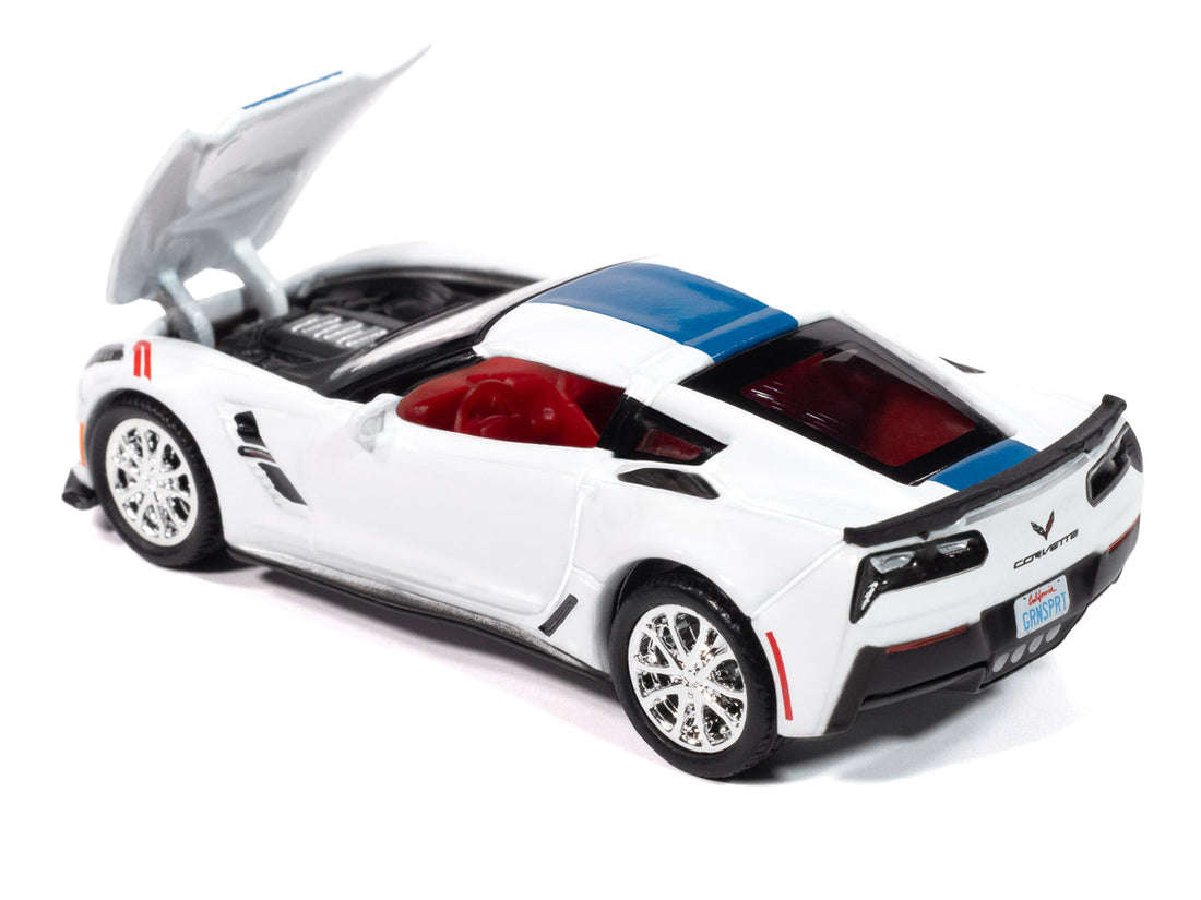 Chevrolet 2018 Corvette Grand Sport Arctic White with Blue Stripe and Red Interior "Sports Cars" Series 1/64 Diecast Model Car by Auto World 2