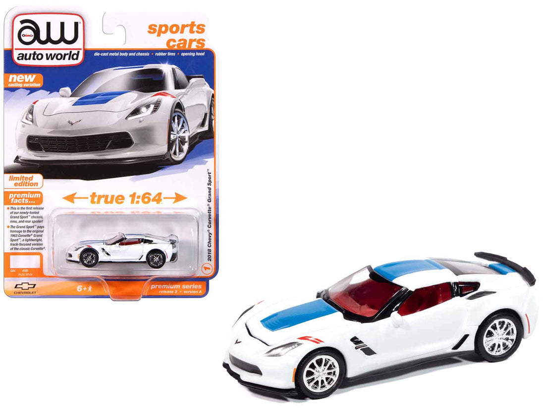 Chevrolet 2018 Corvette Grand Sport Arctic White with Blue Stripe and Red Interior "Sports Cars" Series 1/64 Diecast Model Car by Auto World 3