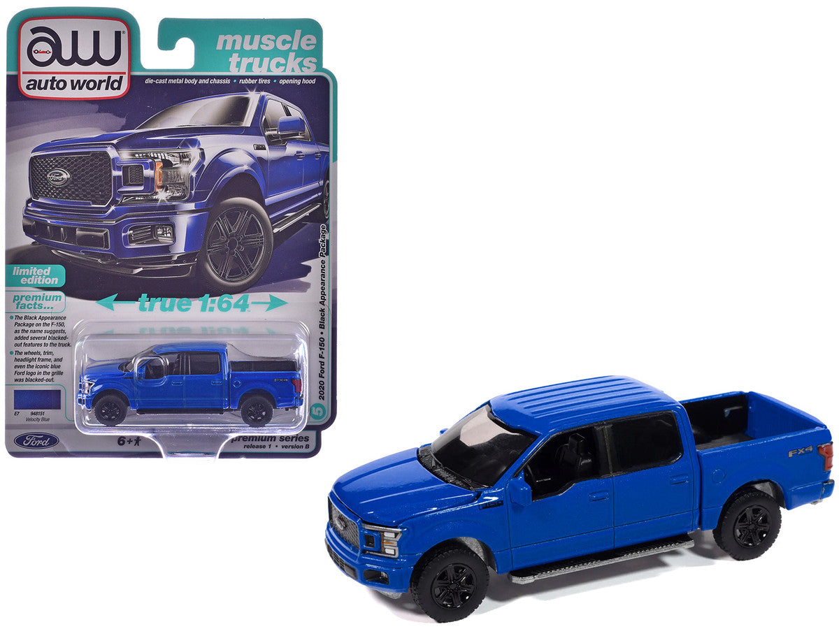 2020 Ford F-150 FX4 Black Appearance Package Pickup Truck Velocity Blue "Muscle Trucks" Series 1/64 Diecast Model Car by Auto World-2