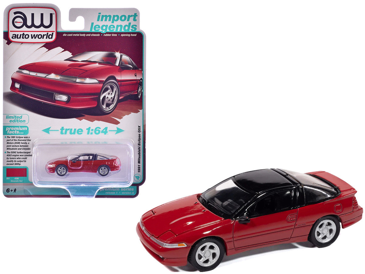 1991 Mitsubishi Eclipse GSX Maranello Red with Black Top "Import Legends" Series 1/64 Diecast Model Car by Auto World-2