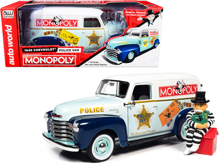 1948 Chevrolet Panel Police Van with Mr. Monopoly Figurine "Monopoly" 1/18 Diecast Model Car by Auto World-0