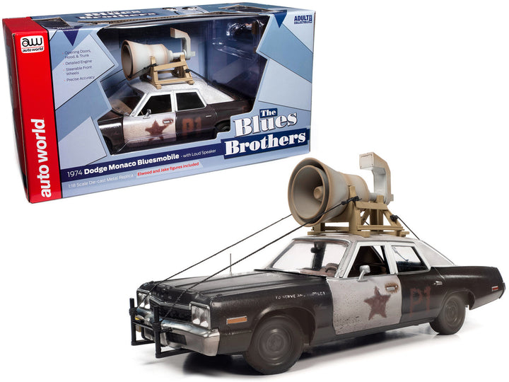 1974 Dodge Monaco "Bluesmobile" with Loud Speaker Black and White (Dirty) with Jake and Elwood Blues Figures "The Blues Brothers" (1980) Movie 1/18 Diecast Model Car by Auto World-0