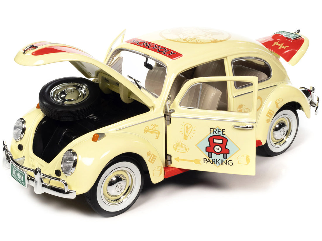 1963 Volkswagen Beetle Yukon Yellow with "Monopoly" Graphics "Free Parking" and Mr. Monopoly Resin Figure 1/18 Diecast Model Car by Auto World-1