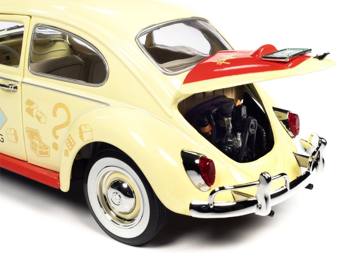 1963 Volkswagen Beetle Yukon Yellow with "Monopoly" Graphics "Free Parking" and Mr. Monopoly Resin Figure 1/18 Diecast Model Car by Auto World-3