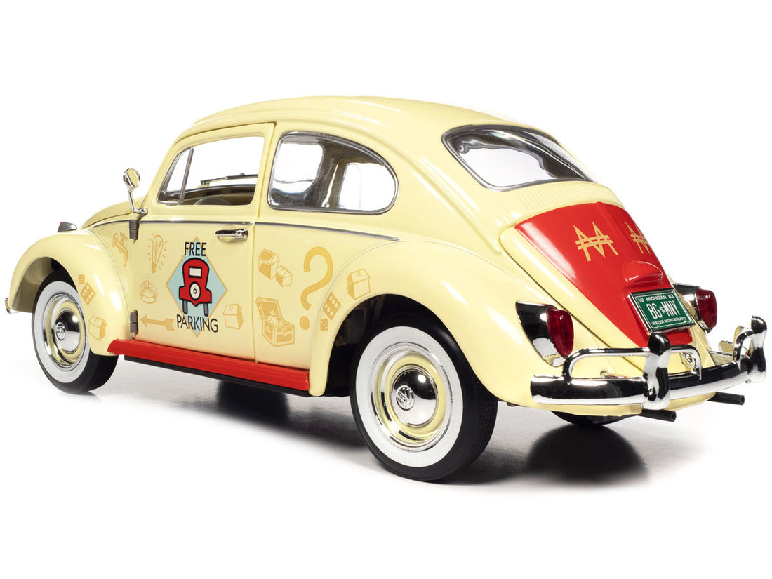 1963 Volkswagen Beetle Yukon Yellow with "Monopoly" Graphics "Free Parking" and Mr. Monopoly Resin Figure 1/18 Diecast Model Car by Auto World-4