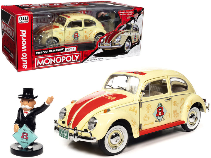 1963 Volkswagen Beetle Yukon Yellow with "Monopoly" Graphics "Free Parking" and Mr. Monopoly Resin Figure 1/18 Diecast Model Car by Auto World-0