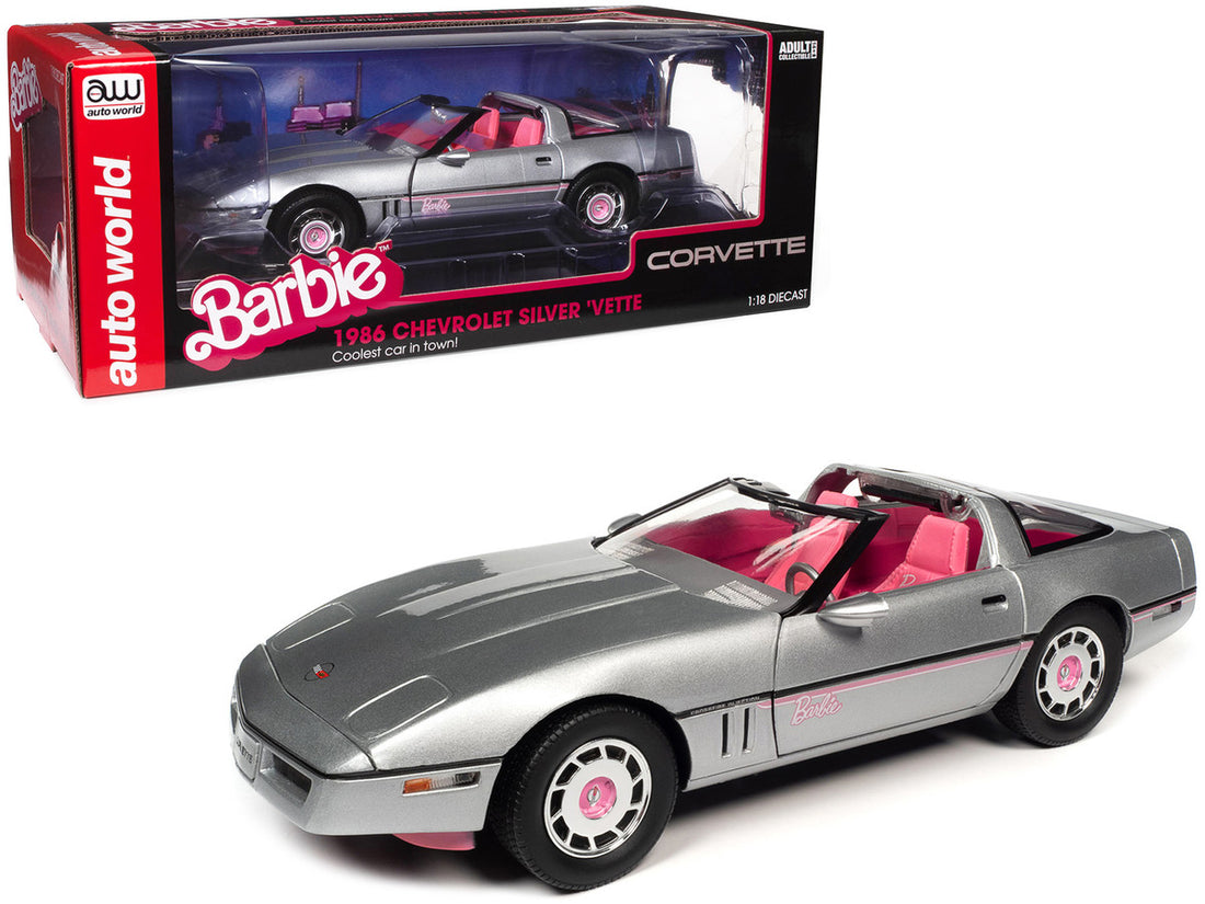 1986 Chevrolet Corvette Convertible Silver Metallic with Pink Interior "Barbie" "Silver Screen Machines" 1/18 Diecast Model Car by Auto World-0