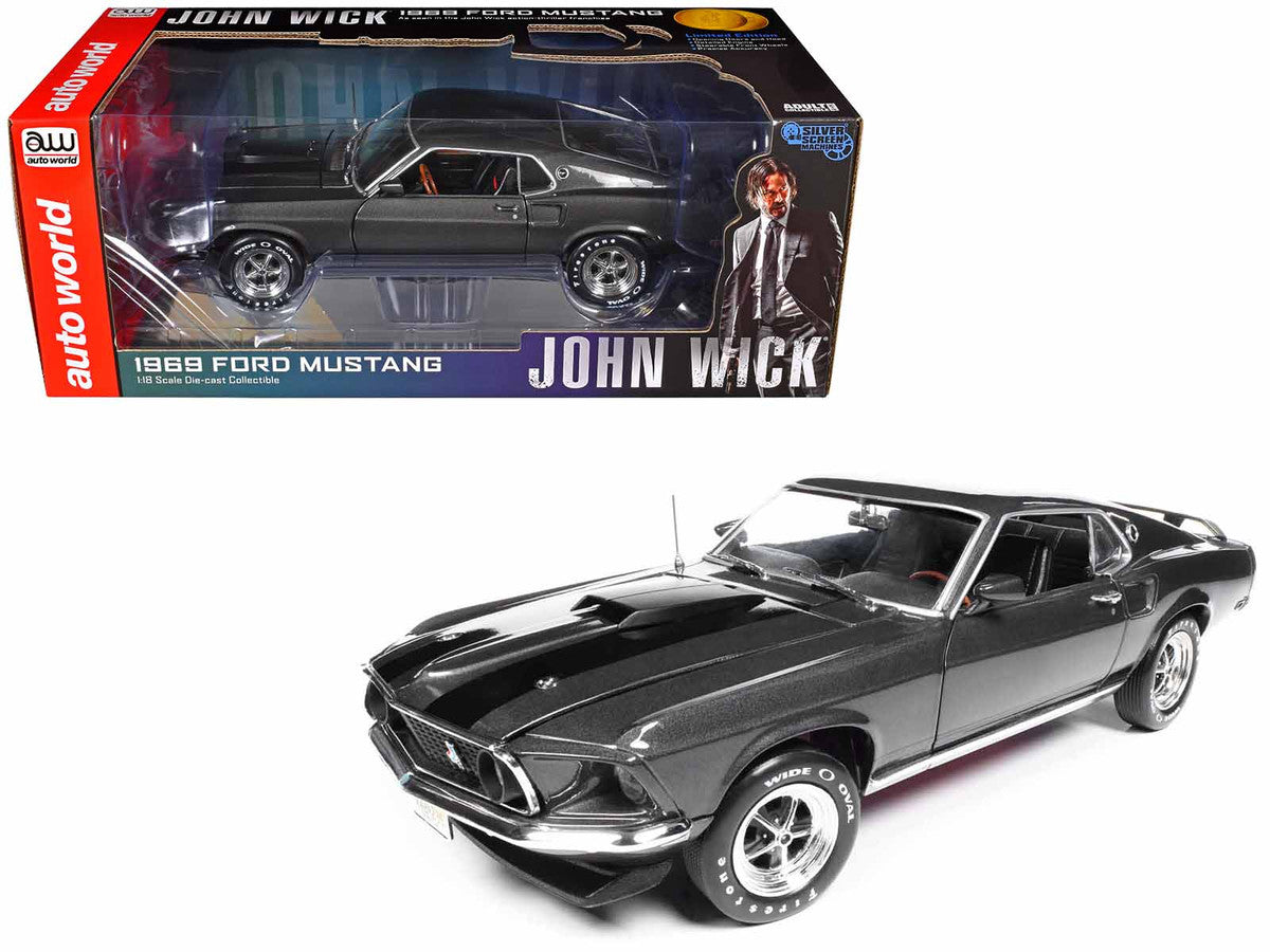 1969 Ford Mustang Dark Gray Metallic with Black Stripes "John Wick" (2014) Movie "Silver Screen Machines" Series 1/18 Diecast Model Car by Auto World-0