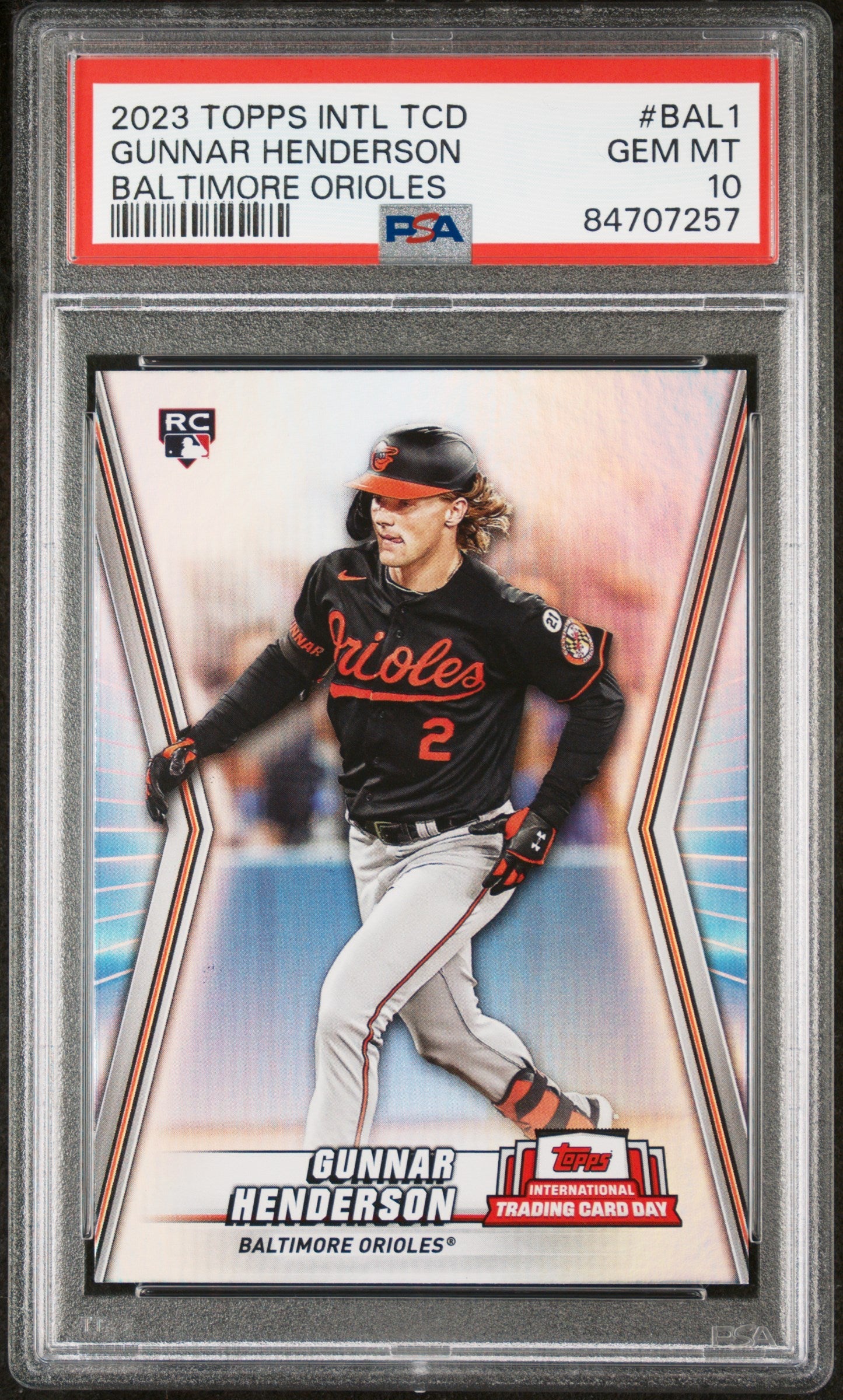 2023 TOPPS INTERNATIONAL TRADING CARD DAY BALTIMORE ORIOLES GUNNAR HENDERSON BALTIMORE ORIOLES #BAL1 - PSA 10
