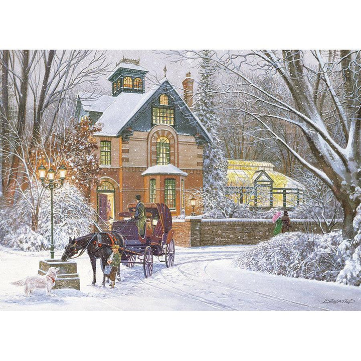Cobble Hill An Evening Stroll 1000 Piece Jigsaw Puzzle featuring a horse-drawn carriage in a snowy winter neighborhood - image
