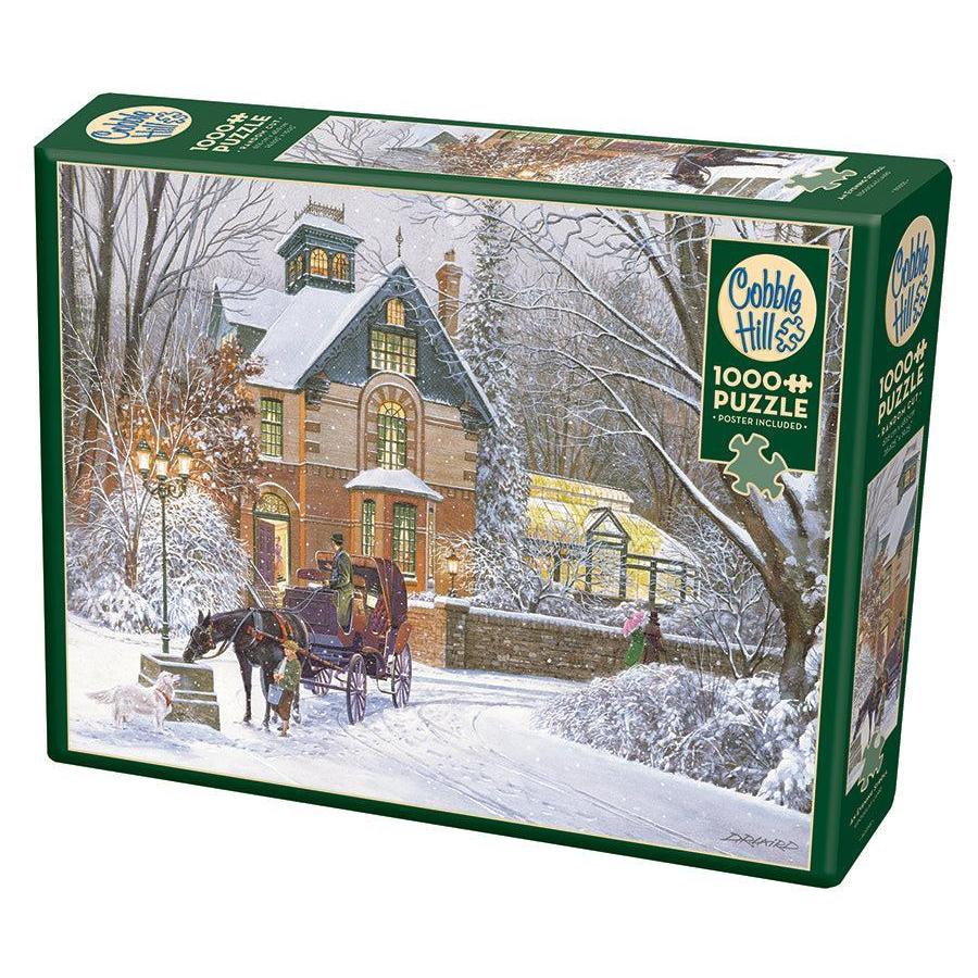 Cobble Hill An Evening Stroll 1000 Piece Jigsaw Puzzle featuring a horse-drawn carriage in a snowy winter neighborhood
