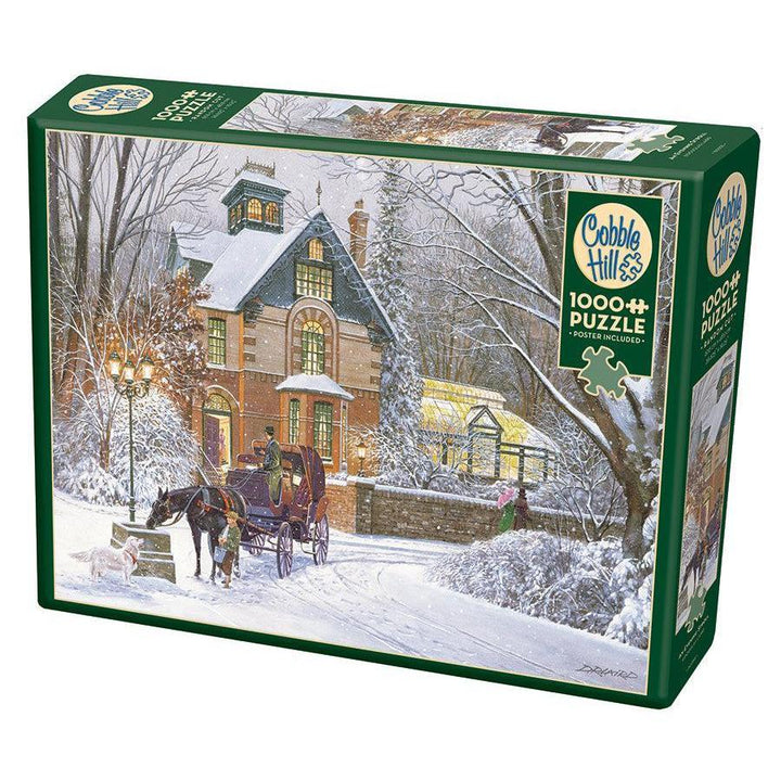 Cobble Hill An Evening Stroll 1000 Piece Jigsaw Puzzle featuring a horse-drawn carriage in a snowy winter neighborhood
