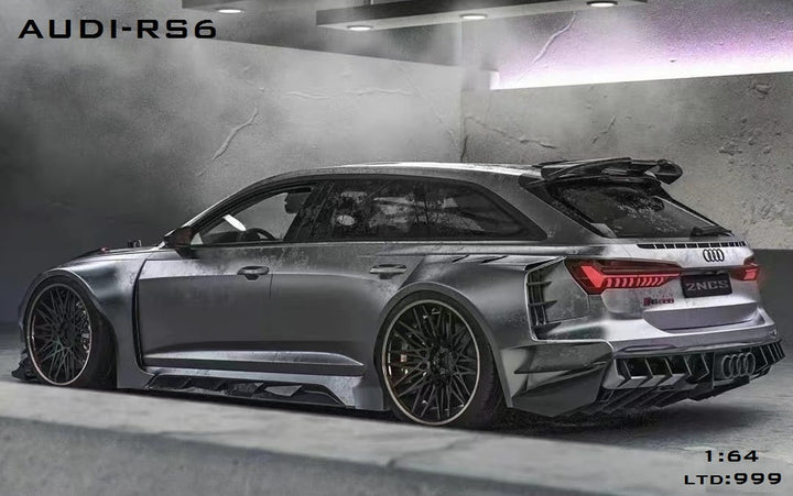 Audi RS6 silver gray with Ferrari Engine 1:64 Scale Diecast Model by Top Models Side and Rear View