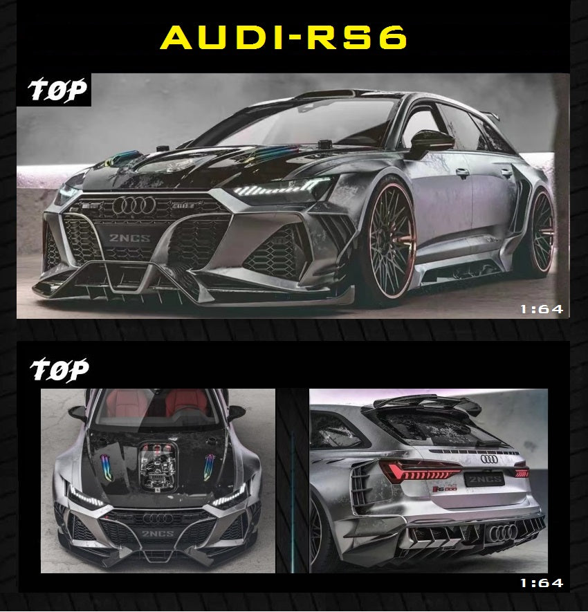 Audi RS6 silver gray with Ferrari Engine 1:64 Scale Diecast Model by Top Models Front, Rear, and Engine Views