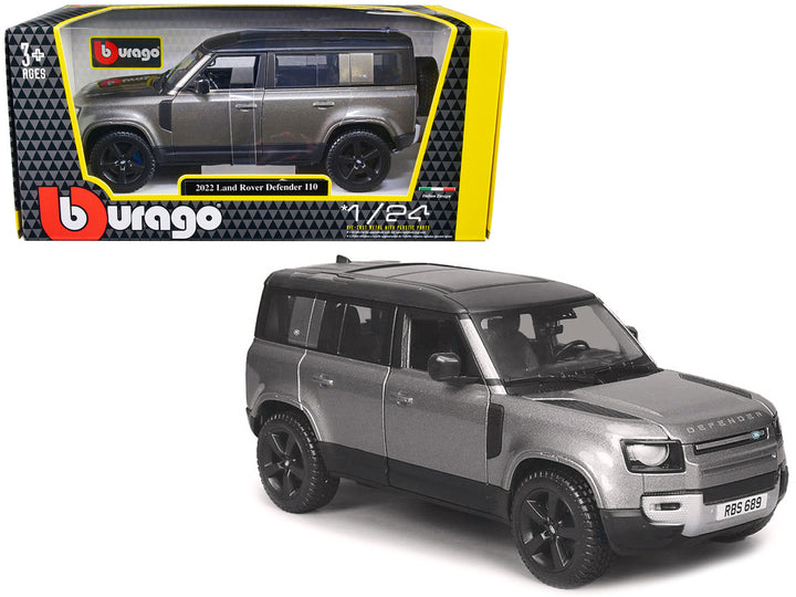 2022 Land Rover Defender 110 Dark Silver Metallic with Black Top and Sunroof 1/24 Diecast Model Car by Bburago-0