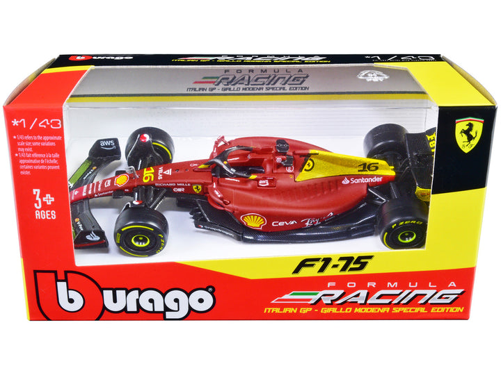 Ferrari F1-75 #16 Charles Leclerc "Giallo Modena" 2nd Place Formula One F1 Italian GP (2022) "Formula Racing" Series 1/43 Diecast Model Car by Bburago-0