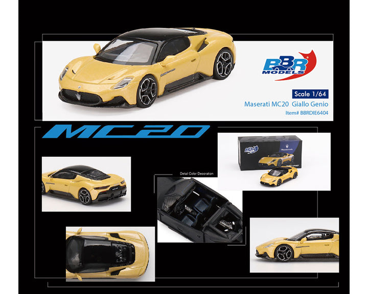 Maserati MC20 Giallo Genio Yellow with Black Top 1/64 Diecast Model Car by BBR-1