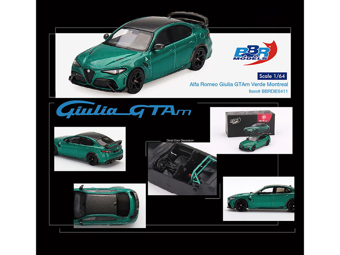 Alfa Romeo Giulia GTAm Verde Montreal Green Metallic with Carbon Top 1/64 Diecast Model Car by BBR-1