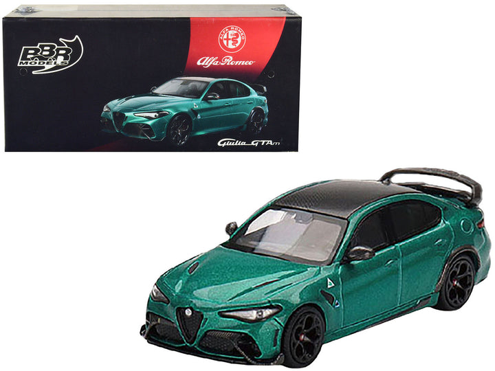 Alfa Romeo Giulia GTAm Verde Montreal Green Metallic with Carbon Top 1/64 Diecast Model Car by BBR-0