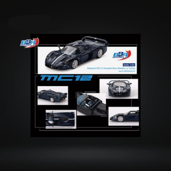 Maserati MC12 Stradale Blue Metallic w/ Stripe 1:64 by BBR BBRDIE6416 Multi View