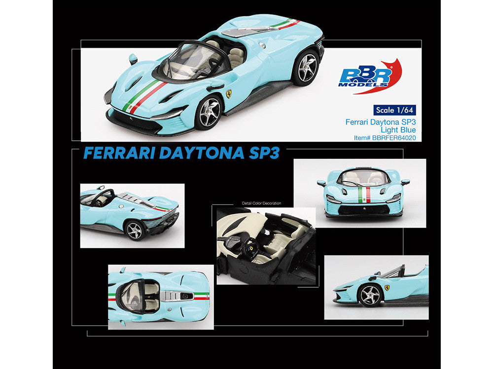 Ferrari Daytona SP3 Light Blue with Italian Flag Stripes 1/64 Diecast Model Car by BBR-0