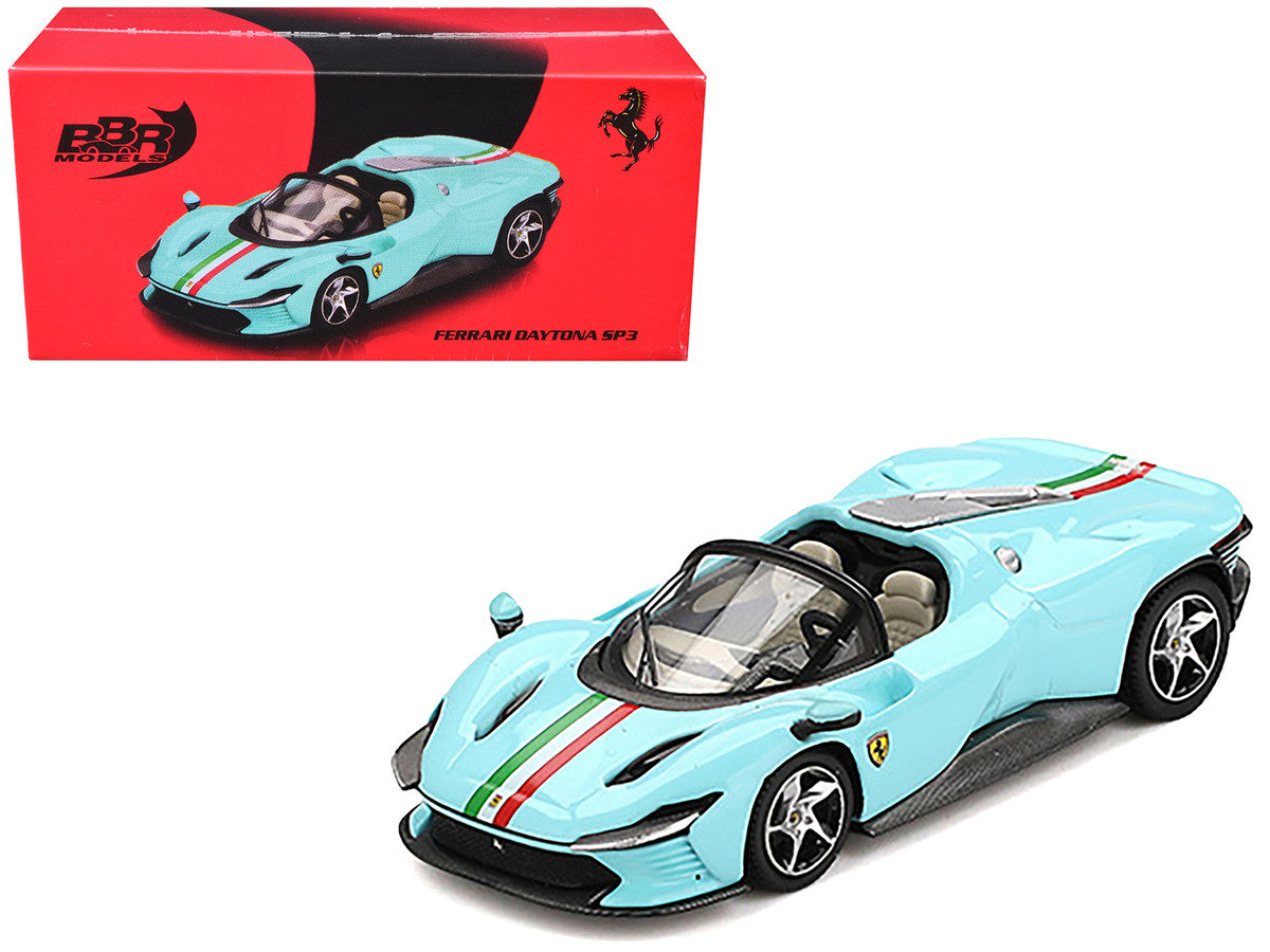 Ferrari Daytona SP3 Light Blue with Italian Flag Stripes 1/64 Diecast Model Car by BBR-3