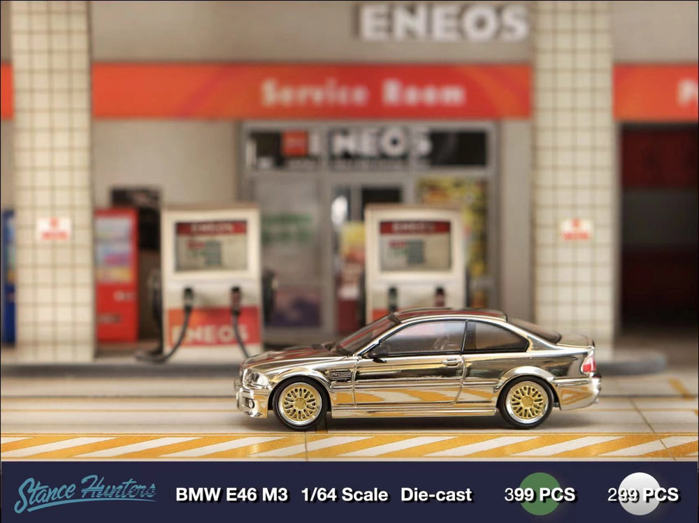 BMW E46 M3 Chrome Silver with BBS Wheel 1:64 Scale Diecast Model by Stance Hunters Side View
