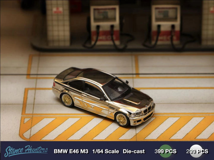 BMW E46 M3 Chrome Silver with BBS Wheel 1:64 Scale Diecast Model by Stance Hunters Right Side View