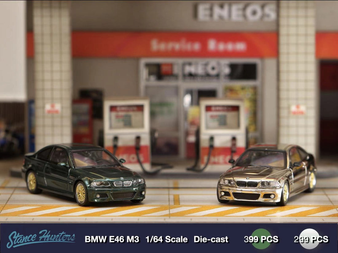 BMW E46 M3 Green and Chrome Silver with BBS Wheel (Stance Hunters) 1:64 Green and Silver Options